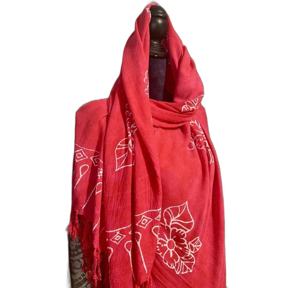 Bali Batik Pashmina Wrap Skirt Cover Up Fringed Scarf Boho Pink Red 4 X 6 ft